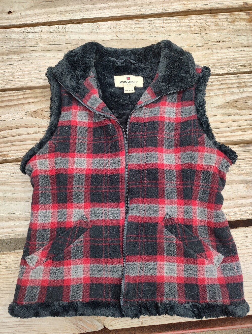 Woolrich Red and Gray Plaid Faux Fur Lined Women's Vest